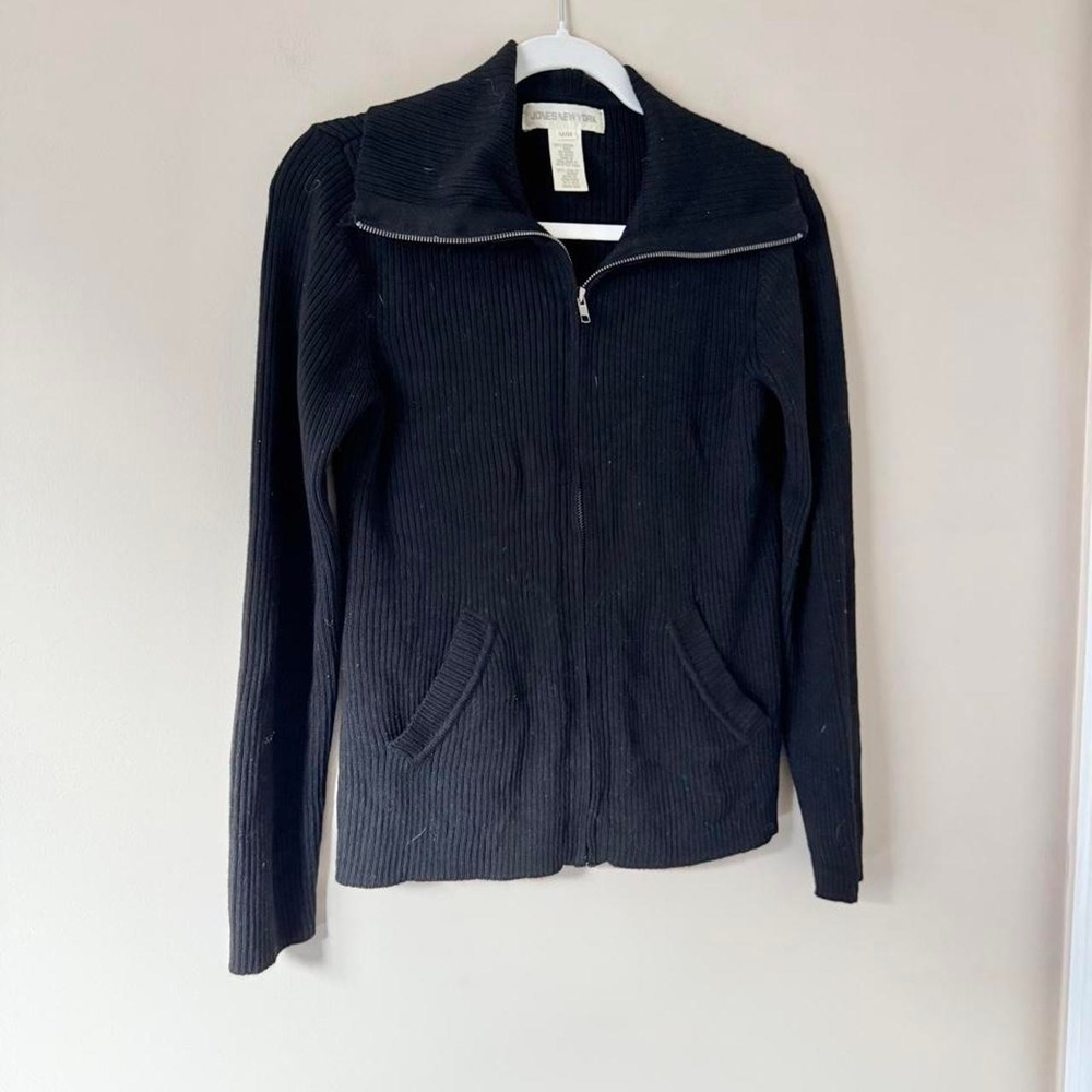 Vintage 100% Merino Wool Black zip up cardigan long sleeve sweater knit y2k